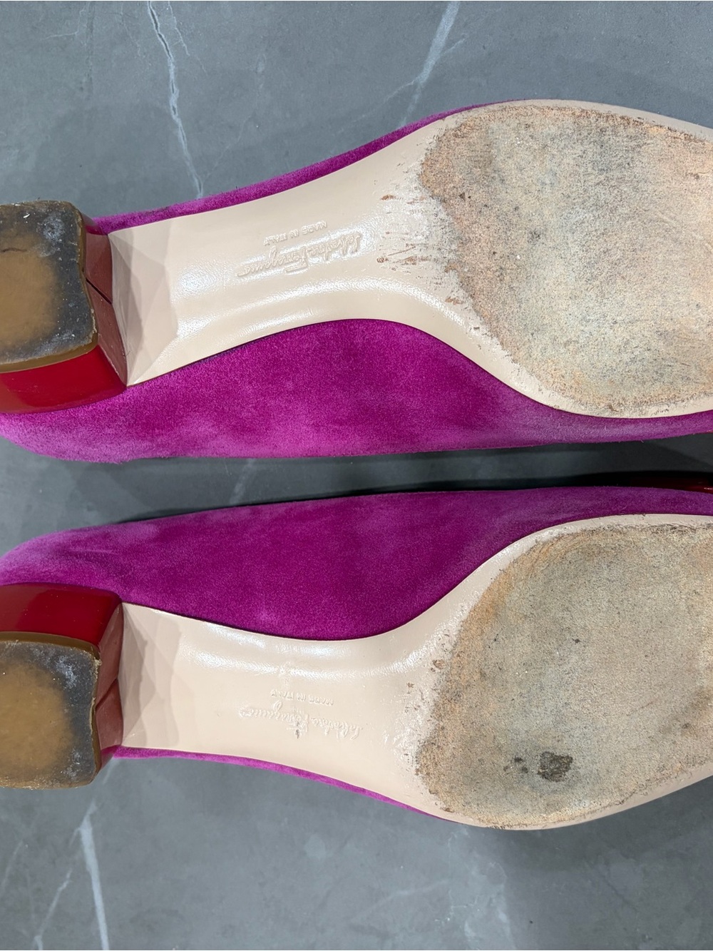 Salvatore Ferragamo Suede Ballet Flats in Fuchsia with Red Bow - Picture 10 of 11